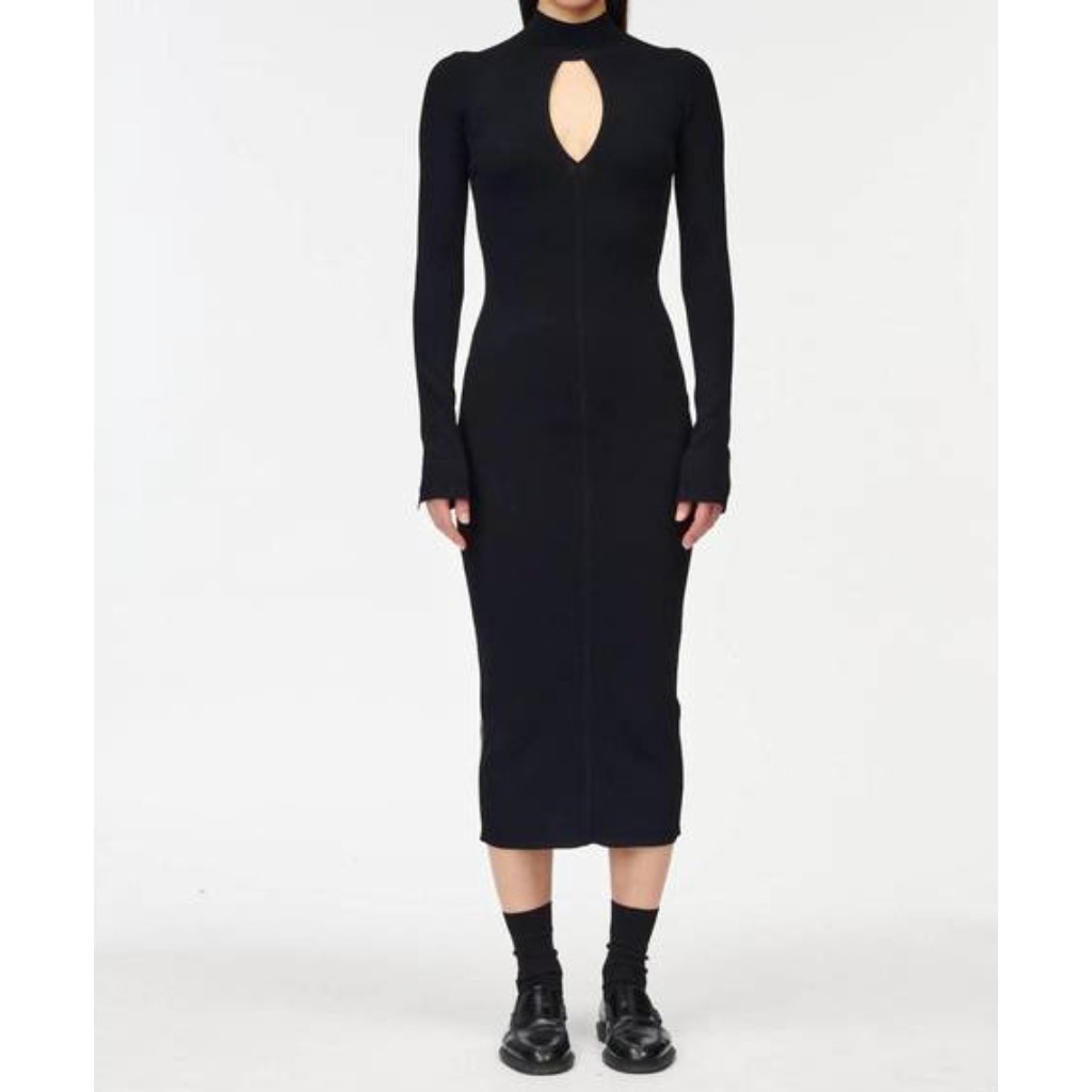Maria Mcmanus Cutout High Neck Large Black Ribbed Dress Long Sleeve Cocktail